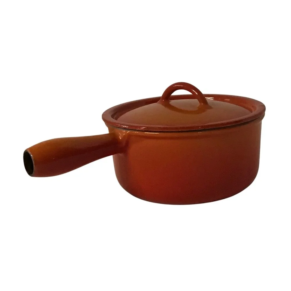 Vintage Descoware Belgium Enameled Cast Iron Saucepan w/ Lid Flame Orange 1 Qt‎